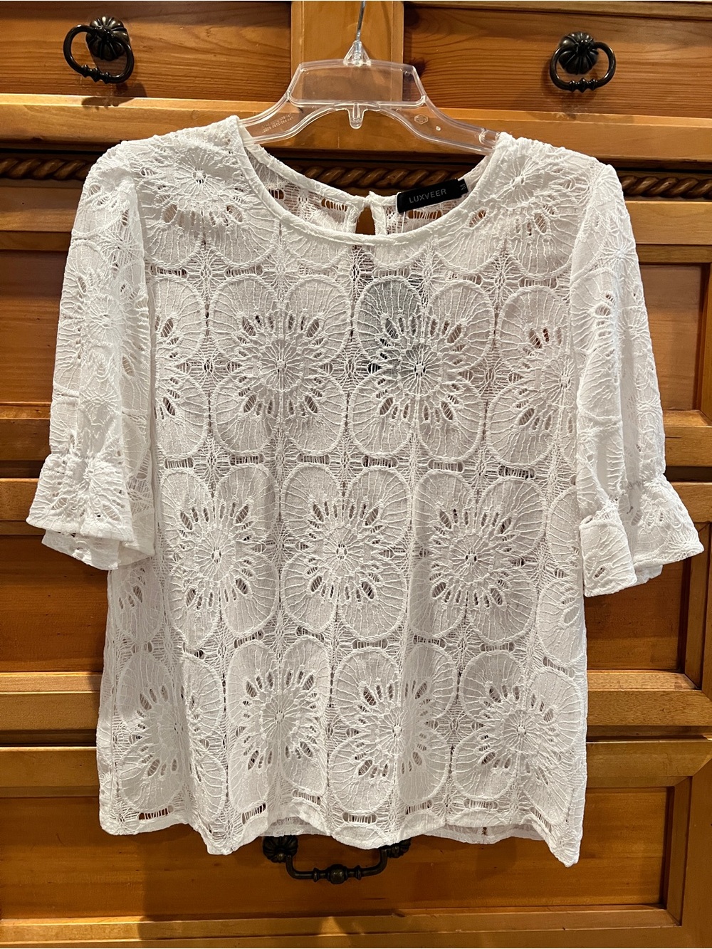 Luxveer White Lace Crochet Floral Short Sleeve Blouse Sz M